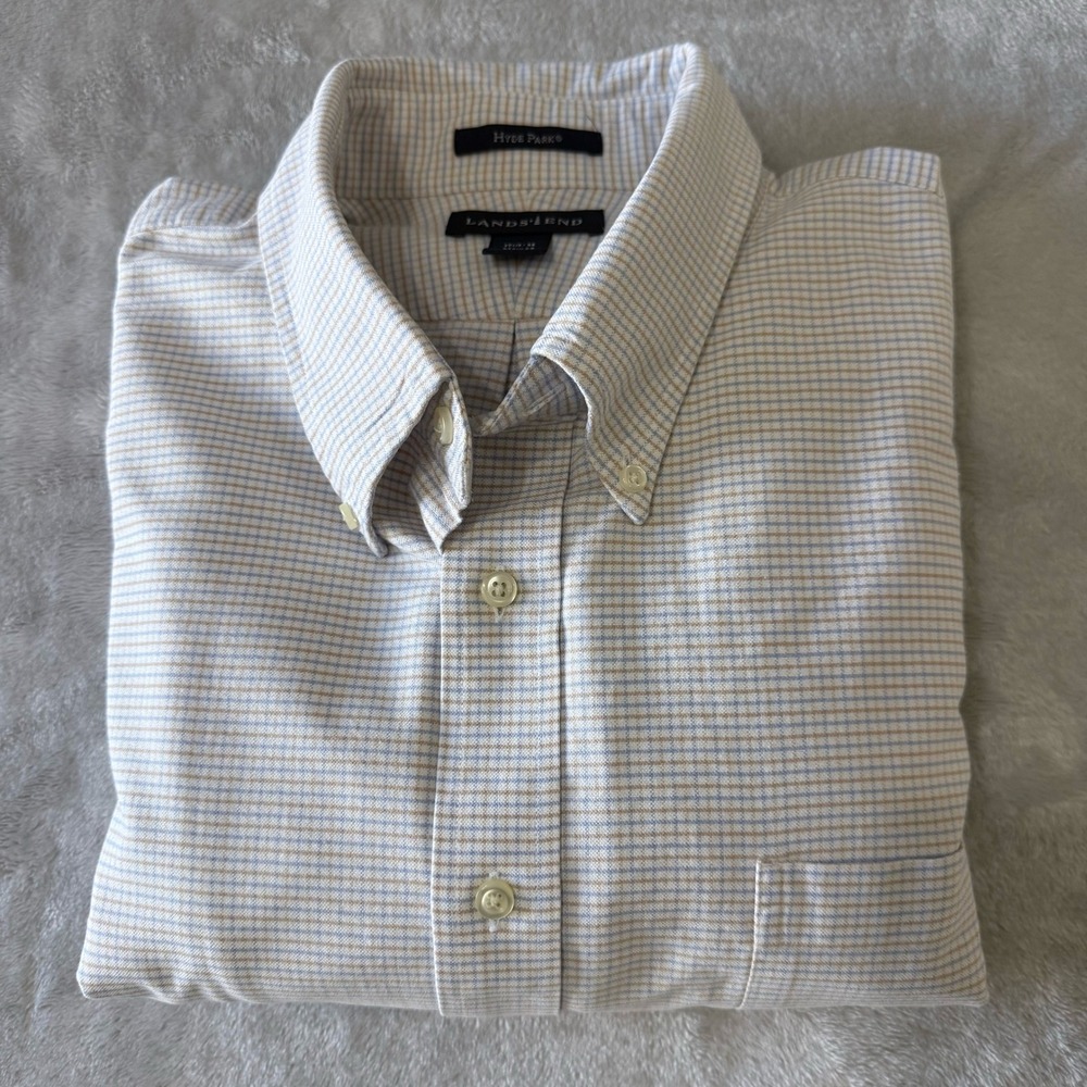 Lands End Hyde‎ Park Mens Regular Fit Button Down Check Dress Shirt 17 1/2 - 35